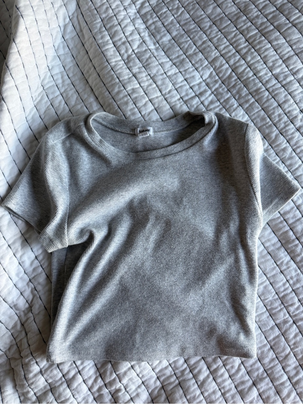 Garage Short Sleeve Semi Cropped Ribbed Tee - Gray
